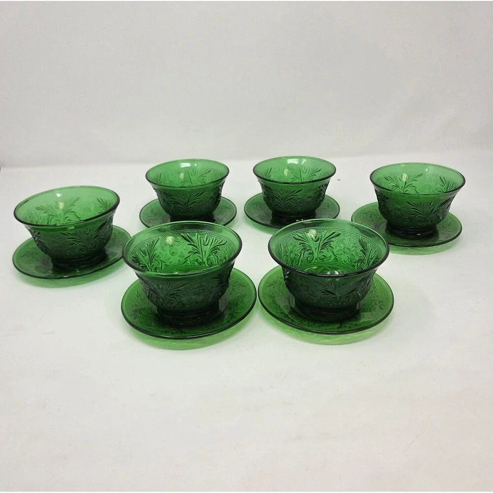 6 Vintage Anchor Hocking Forest Green Sandwich Custard Cups Set And Saucer‎ Set